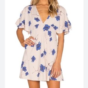 Free People Floral Dress Blue Cream Empire Waist V Neck Boho Garden Babydoll